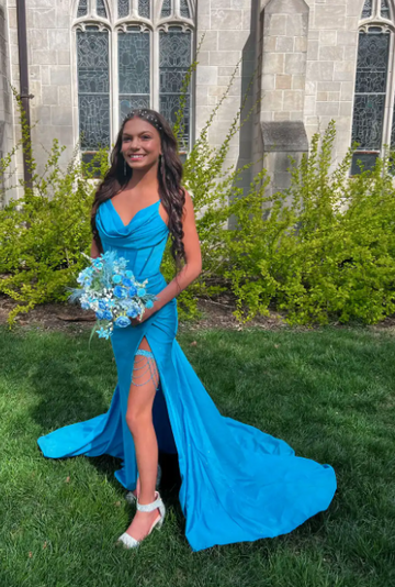 Niulatu Spaghetti Strap Sheath Blue Long Prom Dresses with Slits HZ1026